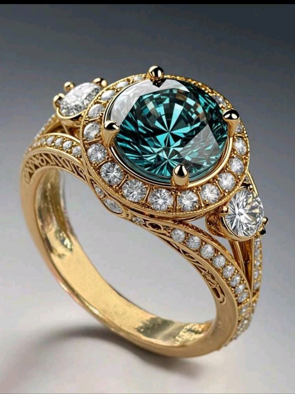 BRAND NEW ** Gold Ring with Teal Center Stone and Diamond Halo